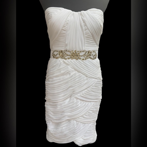 CACHE STRAPLESS GOLD BEADED RHINESTONE RESORT FORMAL WEDDING MINI DRESS SZ 12 - Picture 2 of 15